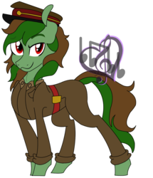 Size: 1031x1200 | Tagged: safe, artist:songheartva, oc, oc only, oc:green dirt, earth pony, pony, belt, beret, clothes, hat, looking at you, male, simple background, solo, stallion, transparent background, uniform