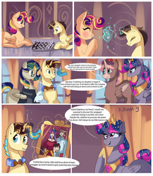 Size: 1476x1698 | Tagged: safe, artist:xjenn9fusion, oc, oc:king righteous authority, oc:king speedy hooves, oc:princess young heart, oc:queen fresh care, oc:queen galaxia (bigonionbean), oc:tommy the human, alicorn, human, pony, comic:administrative unity, comic:fusing the fusions, alicorn oc, board game, canterlot, canterlot castle, chess, colt, comic, commission, commissioner:bigonionbean, concentrating, conversation, crown, crying, father and daughter, father and son, female, filly, foal, fusion, fusion:apple bloom, fusion:big macintosh, fusion:braeburn, fusion:carrot top, fusion:derpy hooves, fusion:dinky hooves, fusion:doctor whooves, fusion:flash sentry, fusion:golden harvest, fusion:mayor mare, fusion:minuette, fusion:prince blueblood, fusion:princess cadance, fusion:princess celestia, fusion:princess luna, fusion:scootaloo, fusion:shining armor, fusion:sweetie belle, fusion:time turner, fusion:trouble shoes, fusion:twilight sparkle, fusion:wind waker, happiness, heart eyes, human oc, humanized, jewelry, levitation, magic, male, mare, mother and daughter, mother and son, picture, picture frame, ponified, regalia, tears of joy, teenager, telekinesis, wingding eyes, writer:bigonionbean