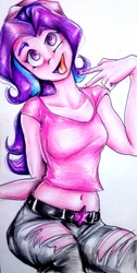 Size: 2563x5066 | Tagged: safe, artist:nolyanimeid, starlight glimmer, human, equestria girls, g4, belly button, belt, clothes, cute, female, glimmerbetes, midriff, open mouth, peace sign, raised eyebrow, ripped pants, shirt, short shirt, silly, simple background, sitting, smiling, solo, t-shirt, tongue out, torn clothes, traditional art, wat, white background