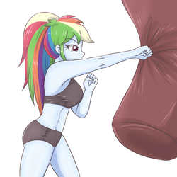 Size: 2952x2952 | Tagged: safe, artist:sumin6301, rainbow dash, equestria girls, g4, big breasts, boxing, breasts, busty rainbow dash, clothes, female, fit, high res, midriff, ponytail, punching bag, sandbag, simple background, slender, solo, sports bra, sports panties, thin, training, white background