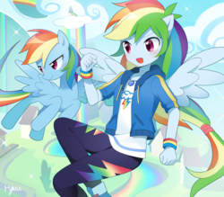 Size: 2200x1930 | Tagged: safe, artist:ryuu, rainbow dash, pegasus, pony, anthro, equestria girls, g4, my little pony equestria girls: better together, anime, anthro ponidox, clothes, cloudsdale, female, geode of super speed, magical geodes, pants, ponied up, self ponidox, shirt, wings