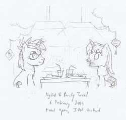 Size: 1448x1384 | Tagged: safe, artist:parclytaxel, oc, oc only, oc:ngkq, oc:parcly taxel, alicorn, pony, unicorn, alicorn oc, chinese new year, female, food, glasses, lineart, male, mare, monochrome, pencil drawing, plate, rice, singapore, sitting, stallion, table, traditional art
