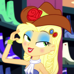 Size: 780x780 | Tagged: safe, screencap, applejack, equestria girls, g4, make up shake up, my little pony equestria girls: summertime shorts, applejack is best facemaker, applejewel, bare shoulders, clothes, cropped, dress, eyeshadow, fall formal outfits, female, lidded eyes, lipstick, makeup, sleeveless, smiling, solo, strapless