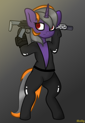 Size: 710x1024 | Tagged: artist needed, safe, derpibooru exclusive, oc, oc only, oc:shape love, pony, unicorn, aac honey badger, bipedal, female, gun, latex, latex suit, mare, rearing, rifle, solo, weapon