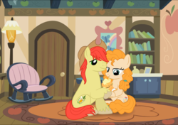 Size: 1444x1014 | Tagged: safe, artist:swiftgaiathebrony, applejack, bright mac, pear butter, earth pony, pony, g4, the perfect pear, babyjack, cute, family, father and daughter, female, foal, jackabetes, like father like daughter, like mother like daughter, male, mother and daughter