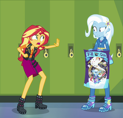 Size: 964x925 | Tagged: safe, screencap, sunset shimmer, trixie, equestria girls, equestria girls series, forgotten friendship, g4, cropped, geode of empathy, magical geodes, shrunken pupils, trixie's poster, written equestrian