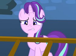 Size: 1459x1080 | Tagged: safe, screencap, starlight glimmer, pony, unicorn, a hearth's warming tail, g4, cringing, female, mare, solo, yikes
