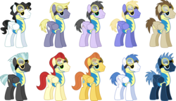 Size: 10818x6241 | Tagged: safe, artist:chainchomp2, brolly, cool star, crescent pony, mane moon, mercury, rainbow swoop, spectrum, star hunter, starburst (character), starry eyes (character), stormfeather, thorn (g4), thunderlane, warm front, whitewash, pegasus, pony, g4, wonderbolts academy, absurd resolution, background pony, clothes, goggles, male, simple background, stallion, transparent background, uniform, vector, wonderbolt trainee uniform