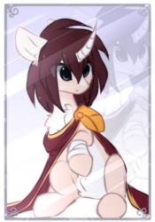 Size: 472x674 | Tagged: safe, artist:php146, oc, oc only, oc:masashi, pony, unicorn, bandage, chest fluff, cloak, clothes, curved horn, ear fluff, eye clipping through hair, horn, male, pale belly, race swap, sitting, solo, stallion, zoom layer
