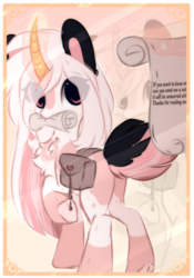 Size: 472x674 | Tagged: safe, artist:php146, oc, oc only, oc:taki, earth pony, pony, butt, card, chest fluff, coat markings, colored hooves, curved horn, cute, eye clipping through hair, female, horn, looking at you, looking back, looking back at you, magic, mare, mouth hold, plot, raised hoof, rear view, saddle bag, scroll, solo, telekinesis, underhoof, zoom layer