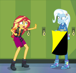 Size: 964x925 | Tagged: safe, edit, edited screencap, screencap, sunset shimmer, trixie, equestria girls, equestria girls specials, g4, my little pony equestria girls: better together, my little pony equestria girls: forgotten friendship, anarcho-capitalism, cropped, flag, geode of empathy, libertarian, libertarianism, magical geodes, written equestrian