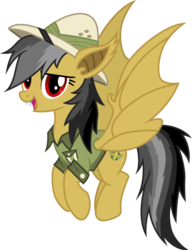 Size: 1153x1500 | Tagged: safe, artist:cloudy glow, daring do, bat pony, pony, g4, bat ponified, clothes, daringbat, fangs, female, hat, looking at you, open mouth, race swap, simple background, solo, transparent background, vector