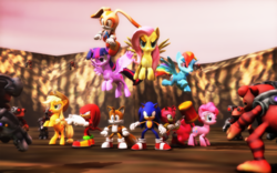 Size: 1440x900 | Tagged: safe, artist:ninjawsgaiden, applejack, fluttershy, pinkie pie, rainbow dash, pony, g4, amy rose, cream the rabbit, crossover, grox, imminent fight, knuckles the echidna, male, miles "tails" prower, sonic the hedgehog, sonic the hedgehog (series)