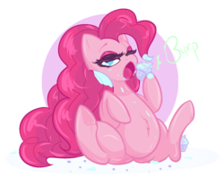 Size: 1763x1463 | Tagged: safe, artist:girlyq, pinkie pie, earth pony, pony, g4, belly fluff, burp, chubby, cupcake, fat, female, food, frosting, lidded eyes, messy eating, one eye closed, open mouth, pudgy pie, solo, underhoof