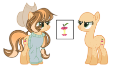 Size: 2032x1180 | Tagged: safe, artist:xxcutecookieswirlsxx, oc, oc only, oc:divine apple, earth pony, pony, bald, clothes, female, hat, mare, offspring, parent:applejack, parent:caramel, parents:carajack, reference sheet, solo, sweater
