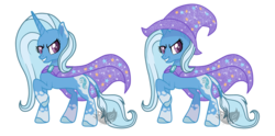 Size: 1024x508 | Tagged: safe, artist:blinkingpink, trixie, pony, unicorn, g4, cape, clothes, cutie mark, female, g5 concept leak style, grin, hat, horn, raised hoof, simple background, smiling, solo, transparent background, trixie's cape, trixie's hat