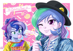 Size: 1200x828 | Tagged: safe, artist:uotapo, princess celestia, princess luna, principal celestia, vice principal luna, equestria girls, g4, '90s, anime style, bubblegum, cute, duo, ear piercing, earring, food, gum, hat, jewelry, one eye closed, piercing, smiling, tomboy, wink, younger