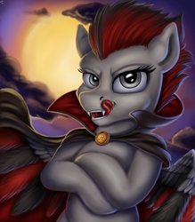 Size: 3500x4000 | Tagged: safe, artist:vittorionobile, oc, oc:ruza, pegasus, pony, vampire, blood, commission, female, full moon, licking, licking lips, moon, queen, tongue out, wings