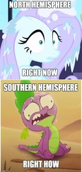 Size: 517x1082 | Tagged: safe, edit, edited screencap, screencap, fluttershy, spike, ail-icorn, g4, my little pony: the movie, caption, cold, fluttercold, frozen, heat, image macro, meme, mother nature, sweat, text
