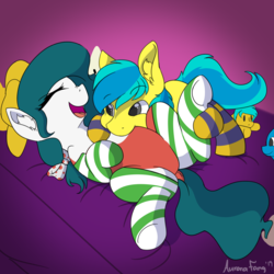 Size: 3000x3000 | Tagged: safe, artist:aurorafang, oc, oc:arriva, oc:runaway train, pony, backwards ballcap, baseball cap, bed, bedroom, bowtie, cap, clothes, cute, hat, high res, laughing, nuzzling, plushie, socks, striped socks, tummy buzz