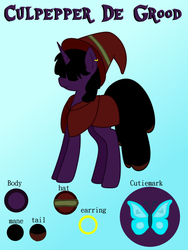 Size: 780x1040 | Tagged: safe, artist:mollycandor, derpibooru exclusive, oc, oc only, oc:culpepper, pony, unicorn, clothes, ear piercing, earring, female, hat, jewelry, mage, mare, piercing, reference sheet, solo