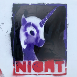 Size: 3024x3024 | Tagged: safe, artist:snow, nightmare moon, pony, g4, bombing, female, graffiti, high res, night, solo