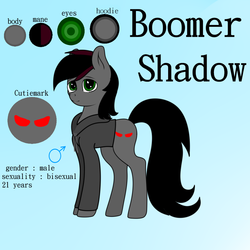 Size: 999x999 | Tagged: safe, artist:mollycandor, derpibooru exclusive, oc, oc only, oc:boomer shadow, earth pony, pony, blue background, clothes, gray coat, hoodie, looking at you, male, reference sheet, simple background, smiling, solo, stallion, text