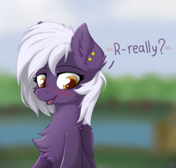 Size: 2200x2104 | Tagged: safe, artist:nighty, oc, oc only, oc:nighty cloud, pegasus, pony, blurry background, blushing, chest fluff, colored pupils, cute, ear fluff, ear piercing, female, piercing, smiling, solo, text, wings