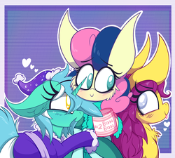 Size: 2352x2116 | Tagged: safe, artist:dragonpone, derpibooru exclusive, bon bon, bon bon (g1), lyra heartstrings, sweetie drops, earth pony, pony, unicorn, g1, g4, my little pony tales, adorabon, bags under eyes, bed mane, big ears, blushing, bonlyrabon, cheek fluff, chest fluff, clothes, cute, ear fluff, female, floating heart, floppy ears, g1 to g4, generation leap, hat, heart, heart eyes, hug, lesbian, looking at each other, lyrabetes, lyrabon, mare, mug, neck nuzzle, nightcap, open mouth, polyamory, robe, shipping, smiling, tired, tongue out, trio, trio female, wingding eyes