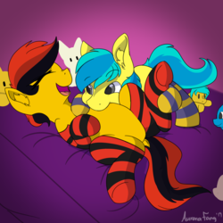 Size: 3000x3000 | Tagged: safe, artist:aurorafang, oc, oc:runaway train, oc:southern belle, pony, bed, bedroom, clothes, cute, high res, nuzzling, plushie, socks, striped socks, tummy buzz