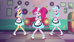 Size: 1280x720 | Tagged: safe, screencap, pinkie pie, sunny sugarsocks, tip top, coinky-dink world, equestria girls, g4, my little pony equestria girls: summertime shorts, apron, checkered floor, clothes, cute, diner, diner uniform, doo wop, female, ponytail, roller skates, server pinkie pie, skates, sweet snacks cafe, trio, uniform, waitress