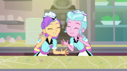 Size: 1280x720 | Tagged: safe, screencap, sunny sugarsocks, tip top, coinky-dink world, equestria girls, g4, my little pony equestria girls: summertime shorts, doo wop, duo, duo female, female, jazz hands, sweet snacks cafe, waitress