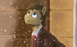 Size: 3045x1848 | Tagged: safe, artist:pucksterv, doctor whooves, time turner, earth pony, pony, g4, bbc, crossover, david tennant, doctor who, looking up, male, ponified, smiling, snow, solo, stallion, the doctor