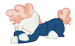 Size: 1665x1025 | Tagged: safe, artist:children, derpibooru exclusive, svengallop, earth pony, pony, g4, clothes, eyebrows, lying down, male, pants, simple background, solo, stallion, suit, svenabetes, upset, white background