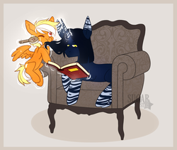 Size: 2960x2500 | Tagged: safe, artist:sugarstar, oc, oc only, oc:moonrise, oc:sunshinenya, pegasus, pony, unicorn, armchair, book, brother and sister, chair, cute, female, hairbrush, high res, horn, levitation, looking up, lying, magic, male, mare, mouth hold, one eye closed, simple background, smiling, stallion, telekinesis, wings
