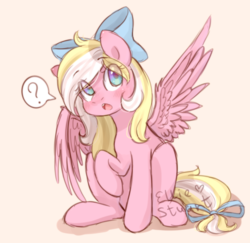 Size: 1448x1410 | Tagged: safe, artist:pony-ellie-stuart, derpibooru exclusive, oc, oc only, oc:bay breeze, pegasus, pony, blushing, bow, colored lineart, cute, eye clipping through hair, female, hair bow, looking at you, looking up, mare, open mouth, pink background, pink coat, question mark, raised hoof, shadow, signature, simple background, sitting, sketch, solo, spread wings, tail bow, wings