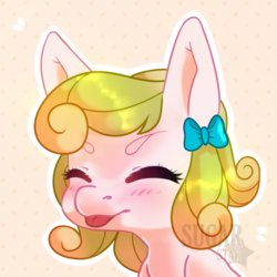 Size: 2000x2000 | Tagged: safe, artist:sugarstar, oc, oc only, oc:goldilock, pegasus, pony, blushing, bow, bust, eyes closed, female, high res, simple background, solo, tongue out, ych result