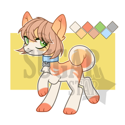 Size: 3200x3200 | Tagged: safe, artist:sugarstar, oc, oc only, earth pony, pony, adoptable, bone, collar, colored hooves, eye clipping through hair, female, high res, looking at you, mare, obtrusive watermark, paws, simple background, smiling, solo, watermark
