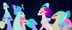 Size: 1280x535 | Tagged: safe, screencap, queen novo, pony, seapony (g4), g4, my little pony: the movie, background sea pony, bubble, clothes, colored pupils, crepuscular rays, cropped, dorsal fin, eyelashes, eyes closed, eyeshadow, female, fin, fin wings, fins, fish tail, floppy ears, flowing mane, flowing tail, glowing, lidded eyes, looking at each other, looking at someone, makeup, male, mare, ocean, one small thing, queen, seaquestria, see-through, swimming, tail, underwater, water, wings