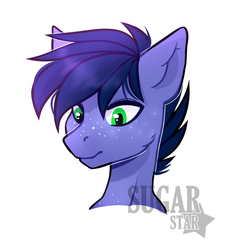Size: 984x1040 | Tagged: safe, artist:sugarstar, oc, oc only, oc:dinka mish, pegasus, pony, bust, looking down, male, simple background, smiling, solo, stallion, white background