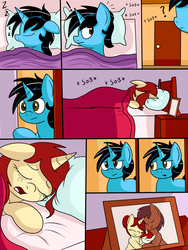 Size: 1880x2500 | Tagged: safe, artist:an-tonio, artist:thecoldsbarn, oc, oc:cold dream, oc:copper plate, oc:golden brooch, oc:silver draw, earth pony, pony, unicorn, comic:you'll never sleep alone, bed, bedroom, comic, crying, engrish in the description, freckles, goldream, hair bun, implied death, loose hair, photography, sad, sleeping, zzz