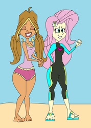 Size: 1513x2129 | Tagged: safe, artist:hunterxcolleen, fluttershy, human, equestria girls, equestria girls series, g4, beach, clothes, crossover, feet, flora (winx club), one-piece swimsuit, sandals, swimsuit, wetsuit, winx club