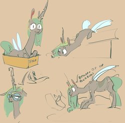 Size: 1200x1175 | Tagged: safe, artist:alumx, queen chrysalis, changeling, changeling queen, insect, g4, bed, behaving like a cat, box, changeling in a box, cute, cutealis, fangs, female, glasses, horn, horn sock, if i fits i sits, silly changeling, simple background, sketch, smiling, solo, speech bubble, stairs, trash, wings