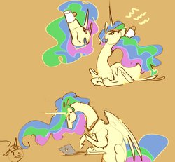 Size: 1200x1107 | Tagged: safe, artist:alumx, princess celestia, alicorn, pony, g4, computer, drinking, female, food, grumpy, horn, laptop computer, long neck, lying down, simple background, sitting, sketch, solo, tea, typing, wings