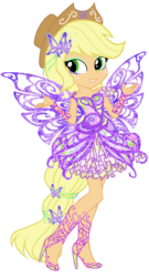 Size: 1400x2600 | Tagged: safe, artist:gihhbloonde, applejack, fairy, human, equestria girls, g4, applejack also dresses in style, blue wings, butterflix, clothes, cowboy hat, crossover, dress, fairy wings, fairyized, female, hat, high heels, humanized, ponied up, pony ears, purple dress, purple wings, rainbow s.r.l, shoes, simple background, smiling, solo, sparkly wings, stetson, tecna, transparent background, winged humanization, wings, winx, winx club, winxified