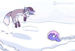 Size: 1327x900 | Tagged: safe, artist:whisperfoot, oc, oc only, oc:berry frost, fox, pony, cute, jumping, patreon, patreon reward, snow, tracks, winter