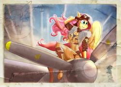 Size: 3200x2300 | Tagged: dead source, safe, artist:huckser, fluttershy, anthro, unguligrade anthro, g4, aviator goggles, bomber gal, bomber jacket, clothes, description is relevant, female, fighter plane, flight suit, goggles, high res, jacket, league of legends, pinup, reference, smiling, solo, vintage