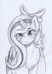 Size: 2239x3186 | Tagged: safe, artist:auremun, oc, oc:fleurbelle, alicorn, pony, adorabelle, alicorn oc, bow, cute, female, hair bow, high res, long hair, long mane, long tail, looking at you, mare, monochrome, ocbetes, pencil drawing, ribbon, smiling, traditional art