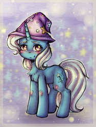 Size: 2772x3696 | Tagged: safe, artist:zefirka, trixie, pony, unicorn, g4, abstract background, blushing, chest fluff, clothes, female, hat, high res, looking at you, mare, signature, smiling, solo, stars, trixie's hat