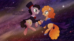 Size: 1366x768 | Tagged: safe, artist:lissystrata, doctor whooves, time turner, earth pony, pony, g4, crossover, doctor who, eleventh doctor, ponified, river song (doctor who), space, the doctor, wallpaper